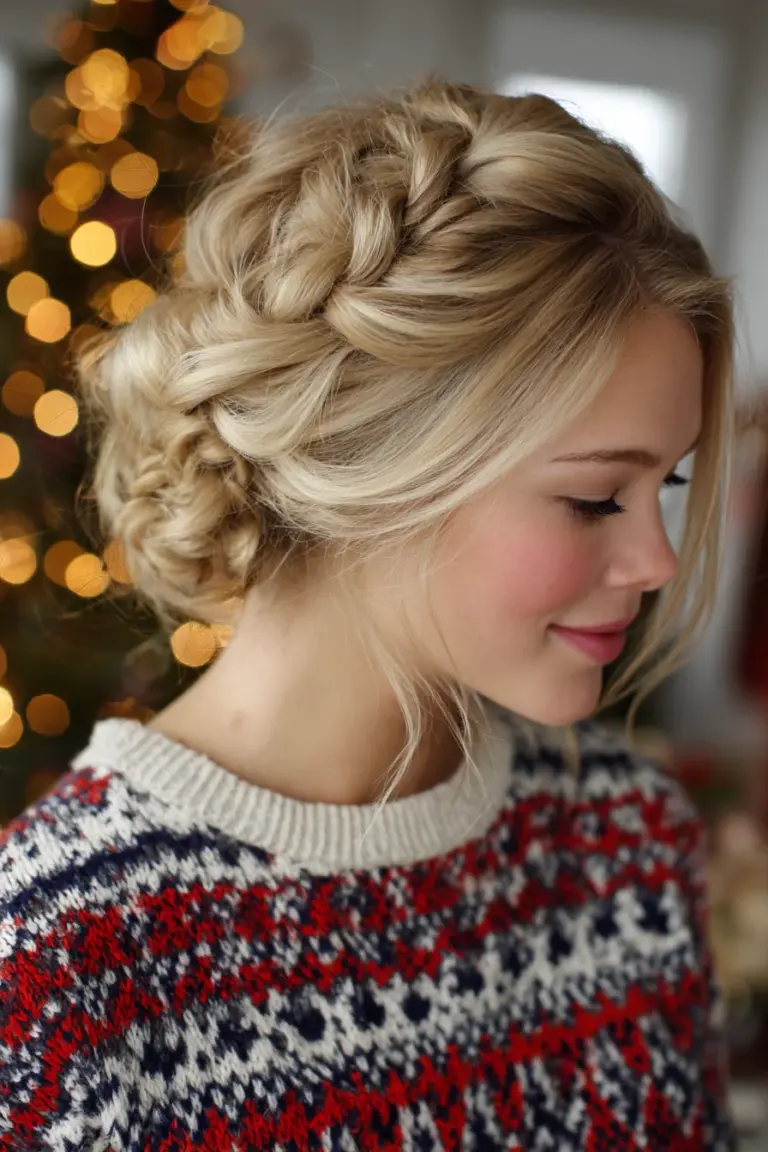 Braided crown updo with soft wavy texture