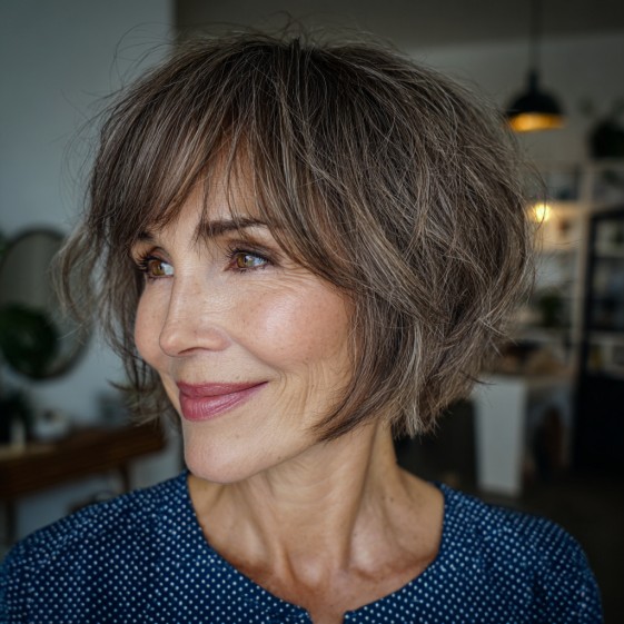 Warm chestnut layered bob with curtain bangs