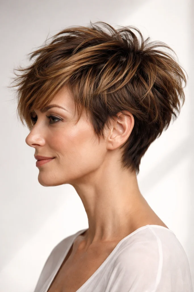Textured pixie cut with caramel highlights on dark hair