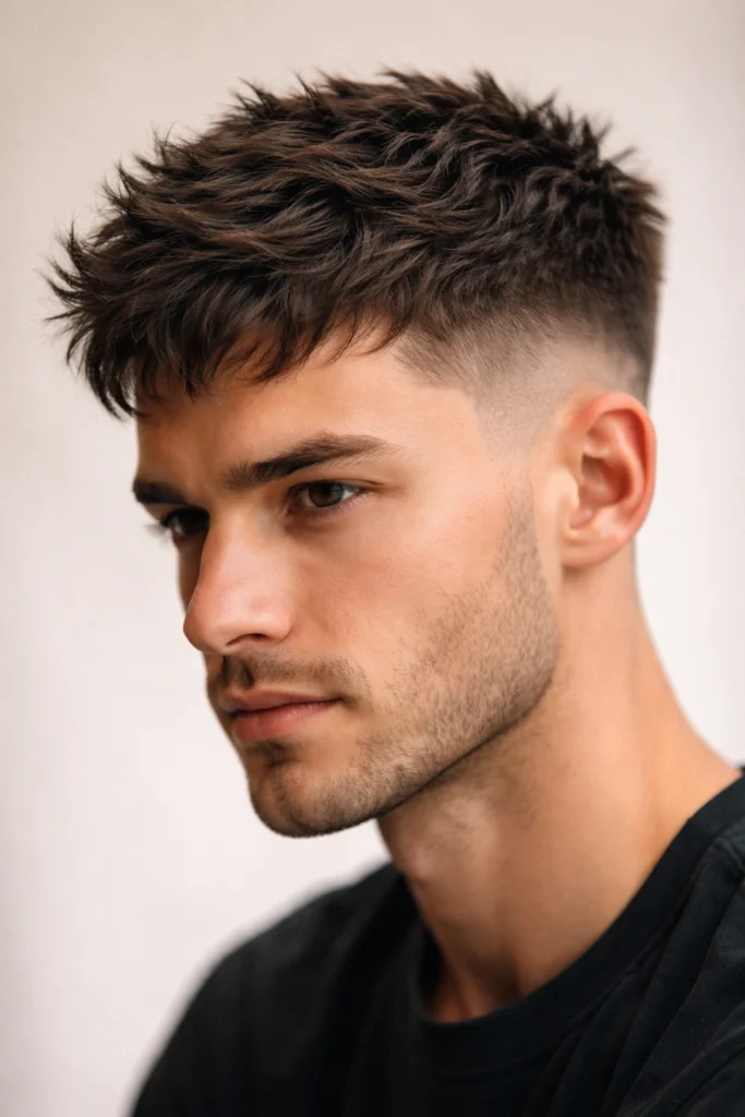 Man with a textured crop haircut and choppy forward fringe