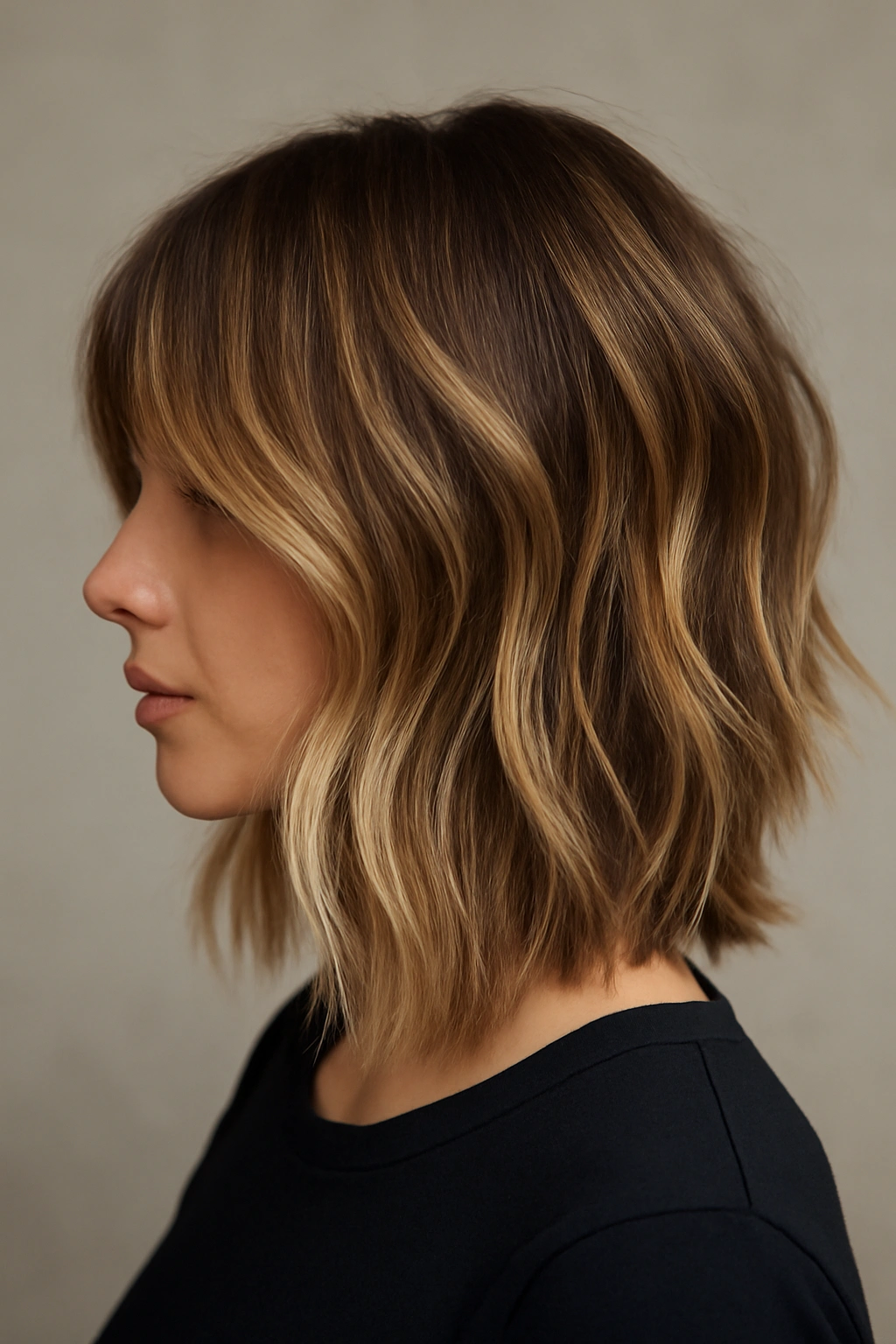 Wavy bob with honey caramel balayage and curtain bangs