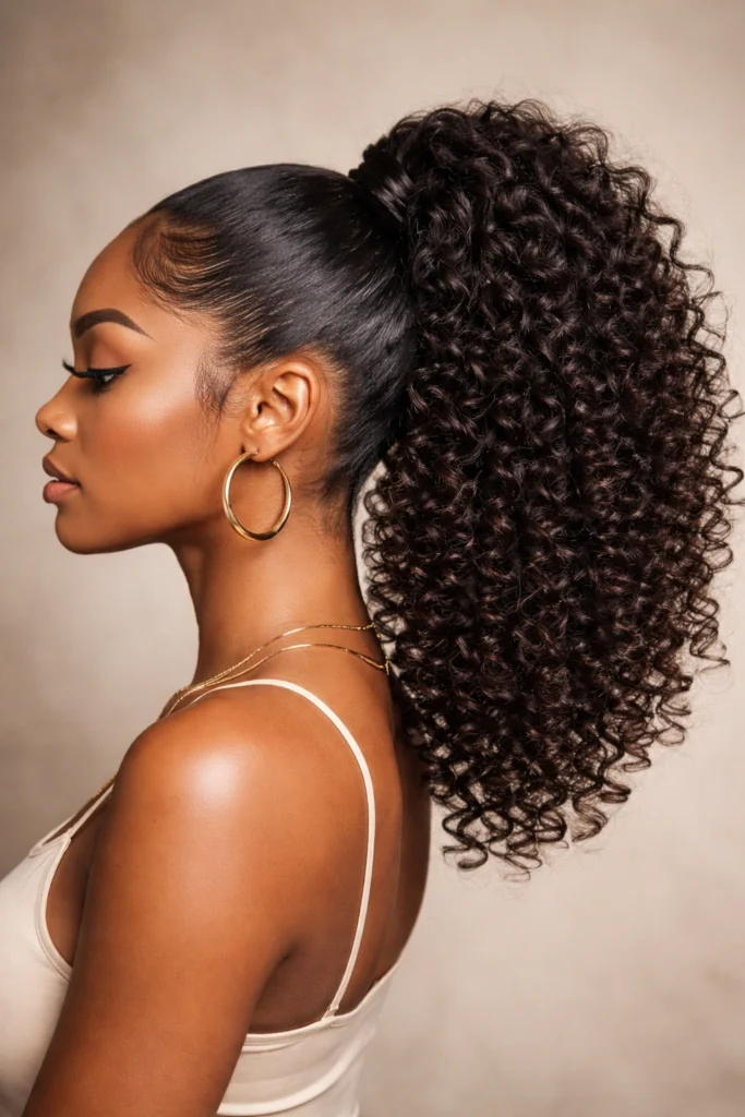 A high ponytail with defined curly ringlets and sleek edges