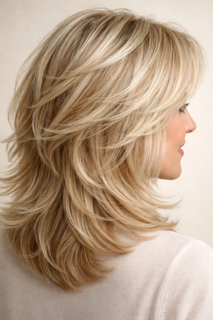 Woman with sandy blonde medium-length layered hair and feathered ends