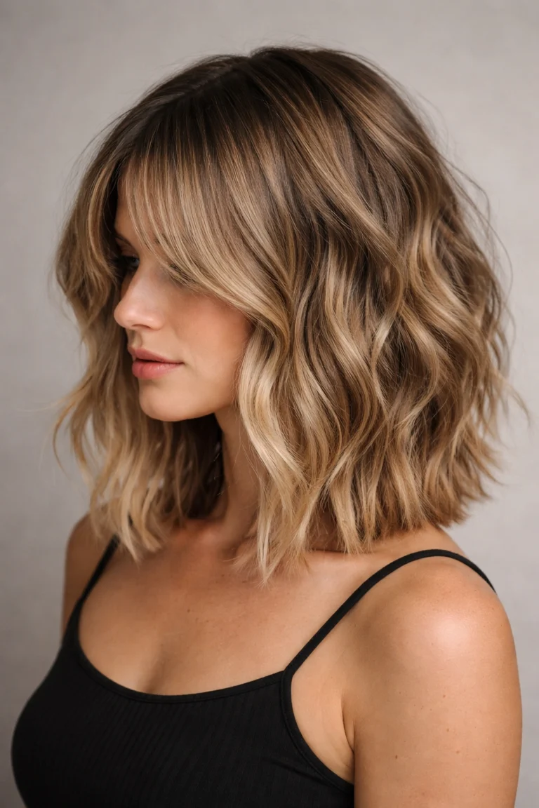 Textured wavy lob with bronde balayage