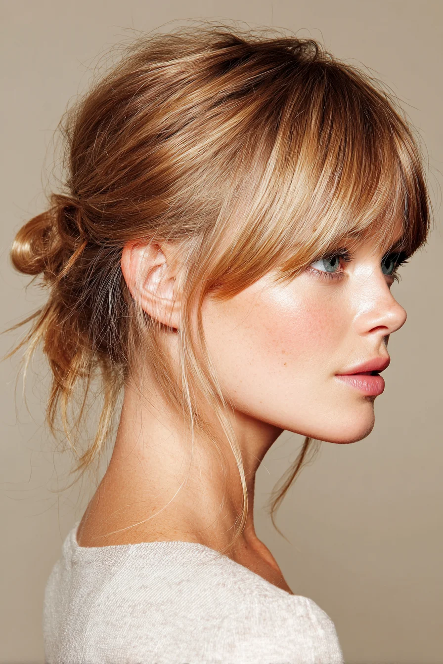 Copper hair in a messy low bun with curtain bangs framing the face