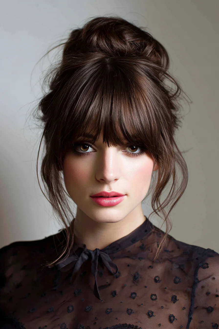 High messy bun hairstyle paired with curtain fringe bangs