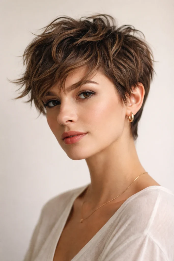 Tousled wavy pixie cut with textured piecey waves