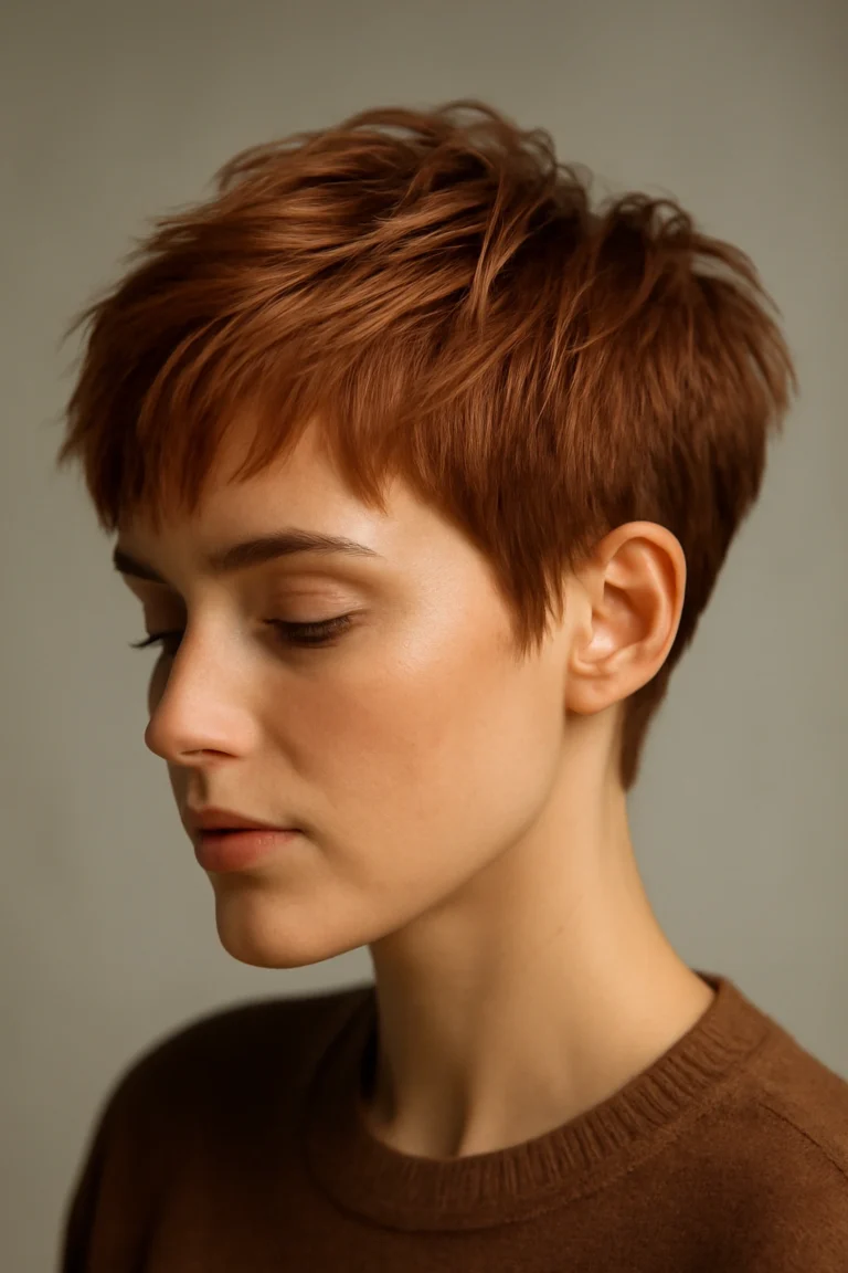 Textured pixie cut in burnished copper auburn