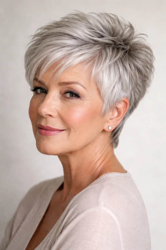 Textured pixie crop with wispy bangs in silver hair