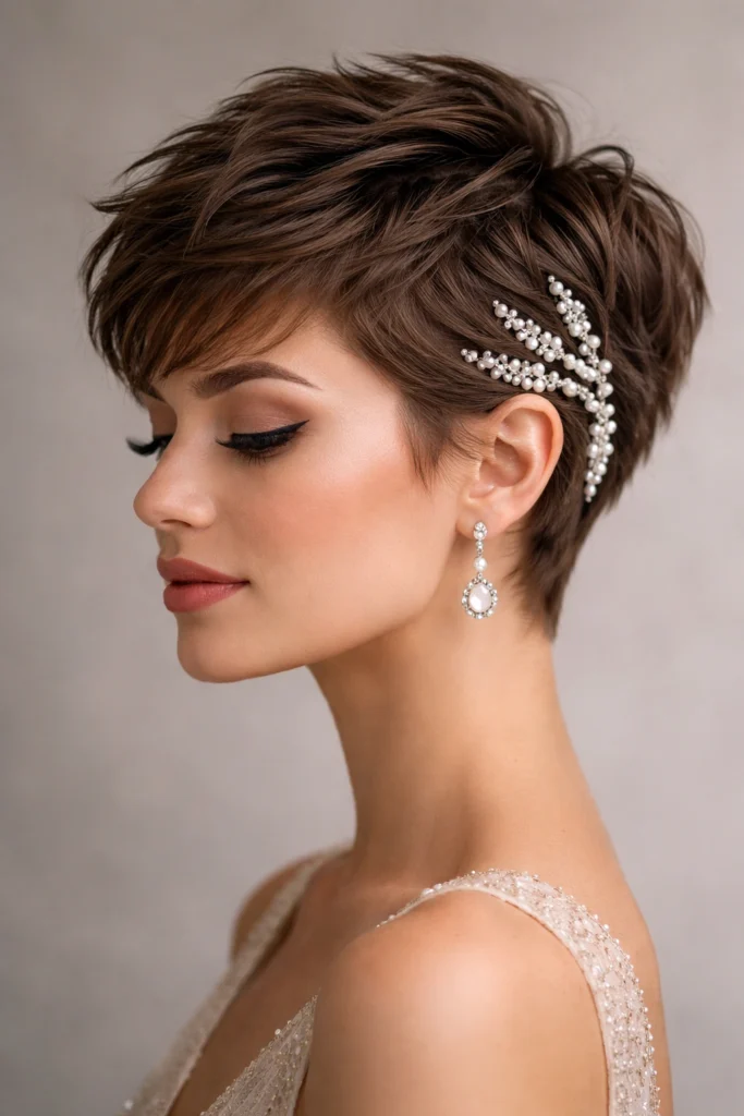 Textured pixie cut dressed up with small pearl hair accents for a formal event