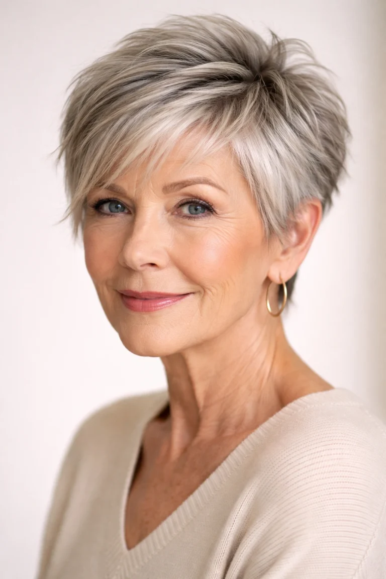 Longer pixie haircut with side bangs on an older woman