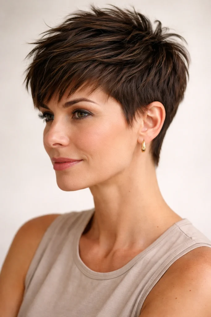 Textured pixie haircut with clean faded sides