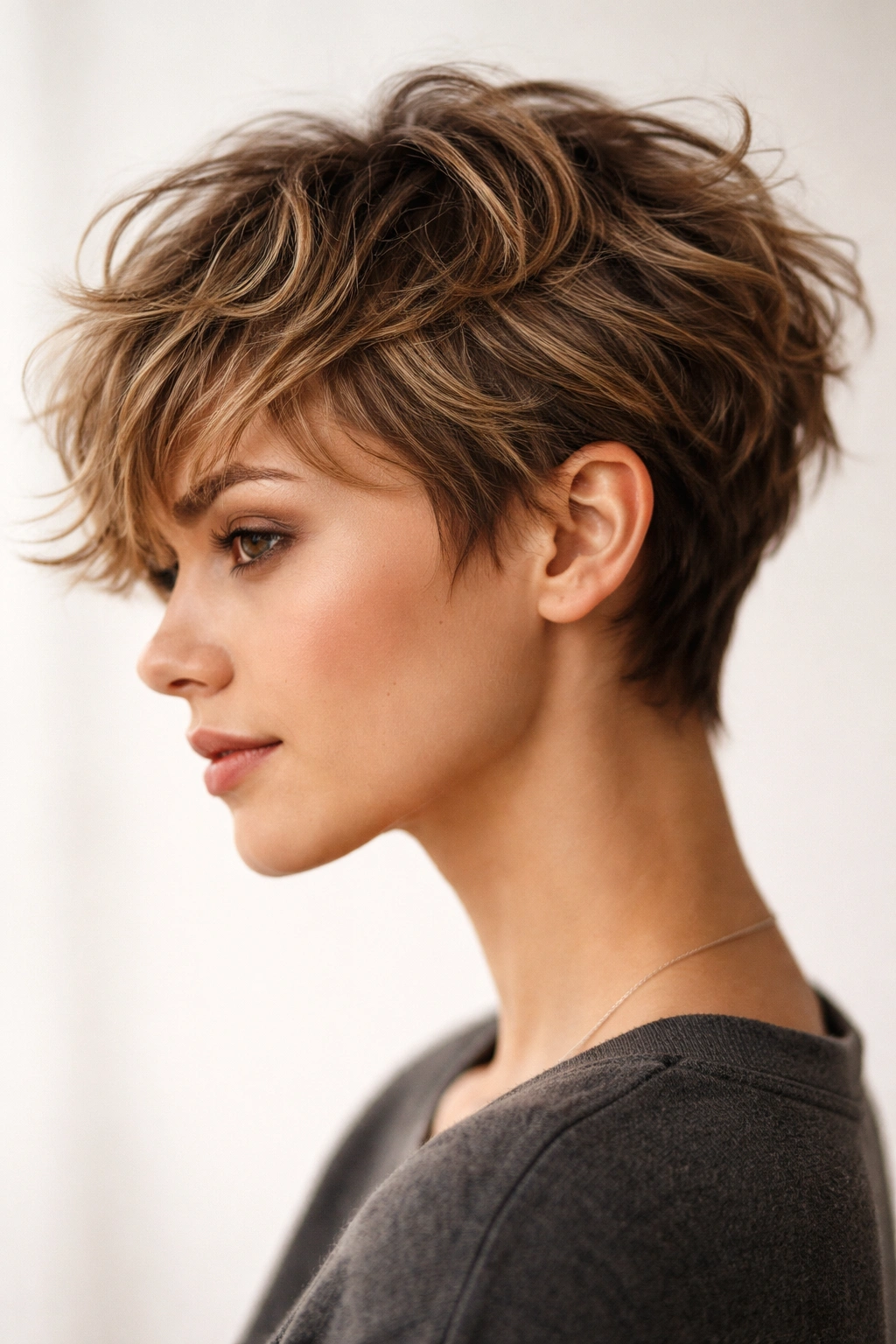 Short textured wavy pixie with warm highlights