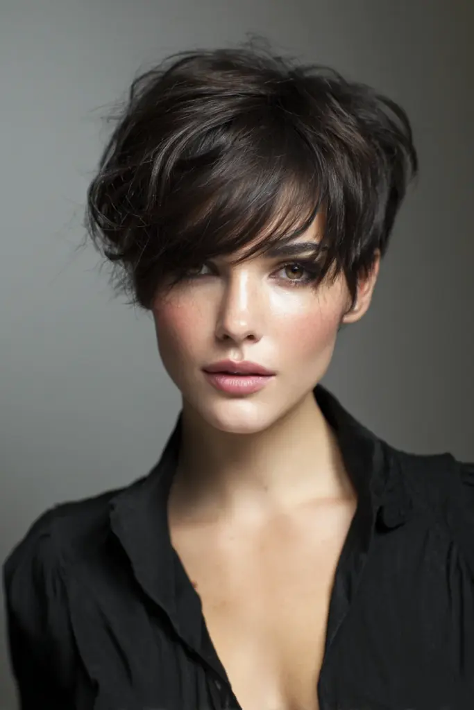 A woman with a dark textured pixie and long fringe