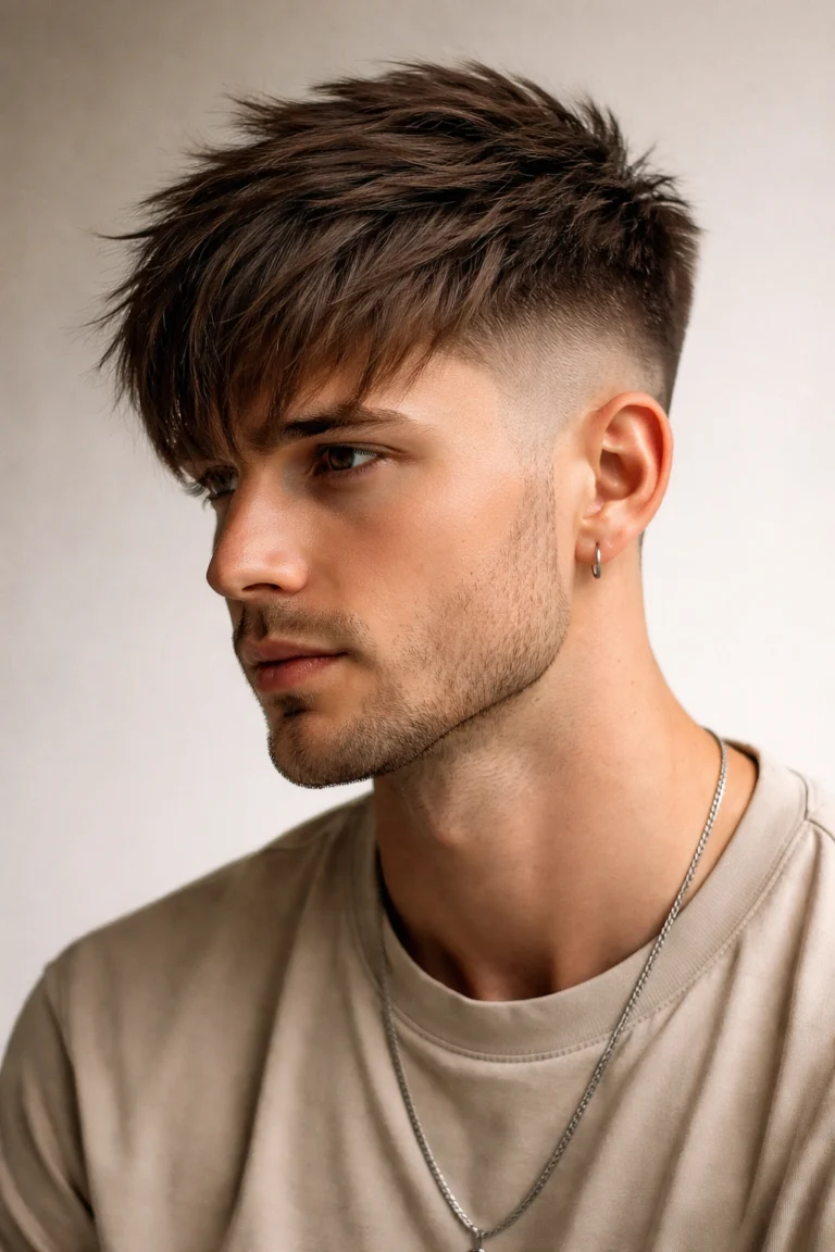 Man with choppy textured fringe and a drop fade
