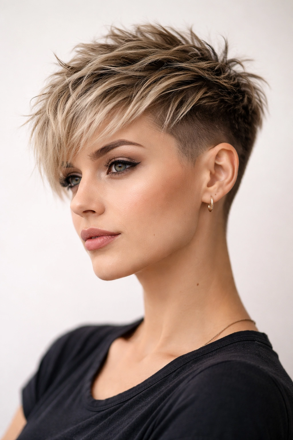 Blonde tapered pixie with faded sides and a full textured crown