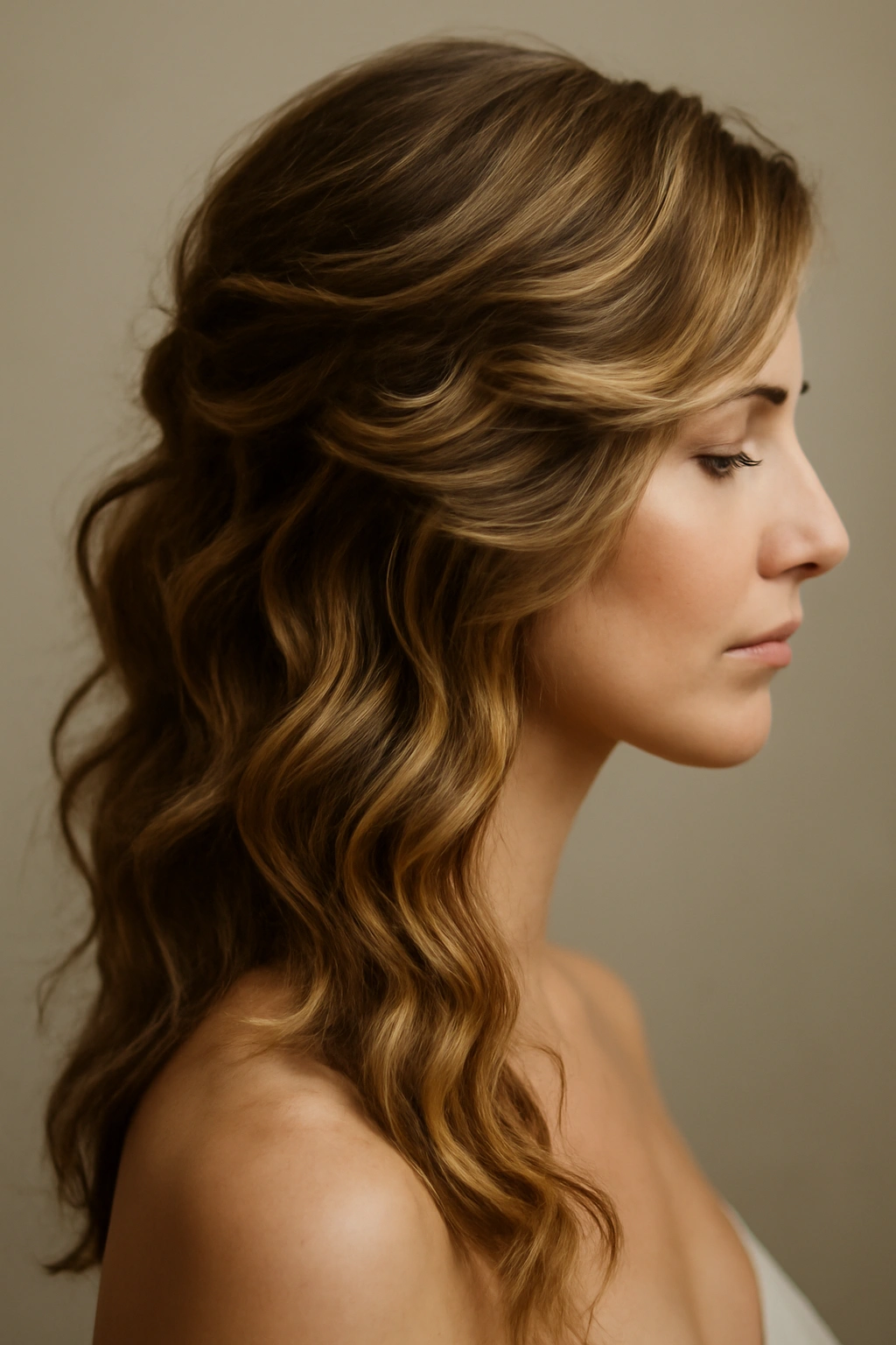 A woman with long caramel-brown wavy hair and a deep side part