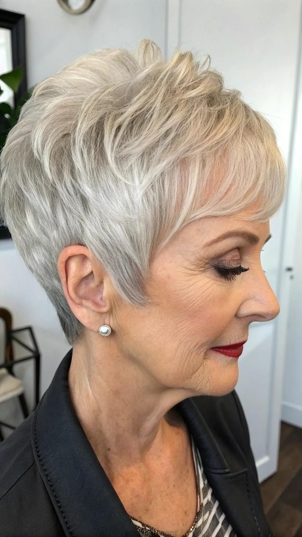 Older woman with a soft white pixie cut photographed in a salon