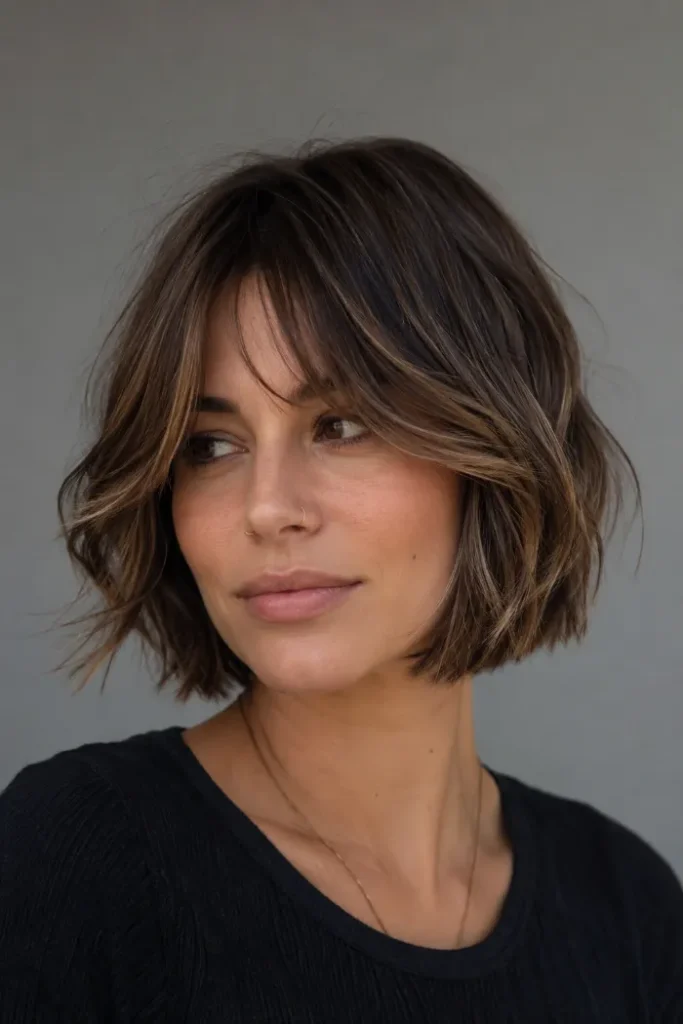 Wavy textured bob with soft curtain bangs on brown hair