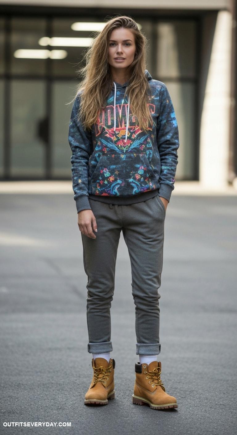 Woman wearing a colorful graphic hoodie, grey joggers with white socks, and wheat Timberland boots