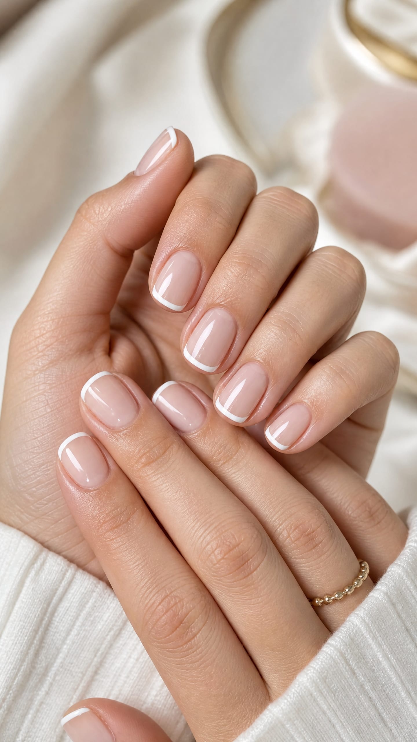 Classic French manicure on short nails with a sheer pink base and white tips