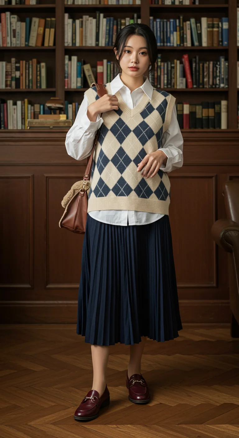 Preppy outfit idea with a sweater vest layered over a collared shirt