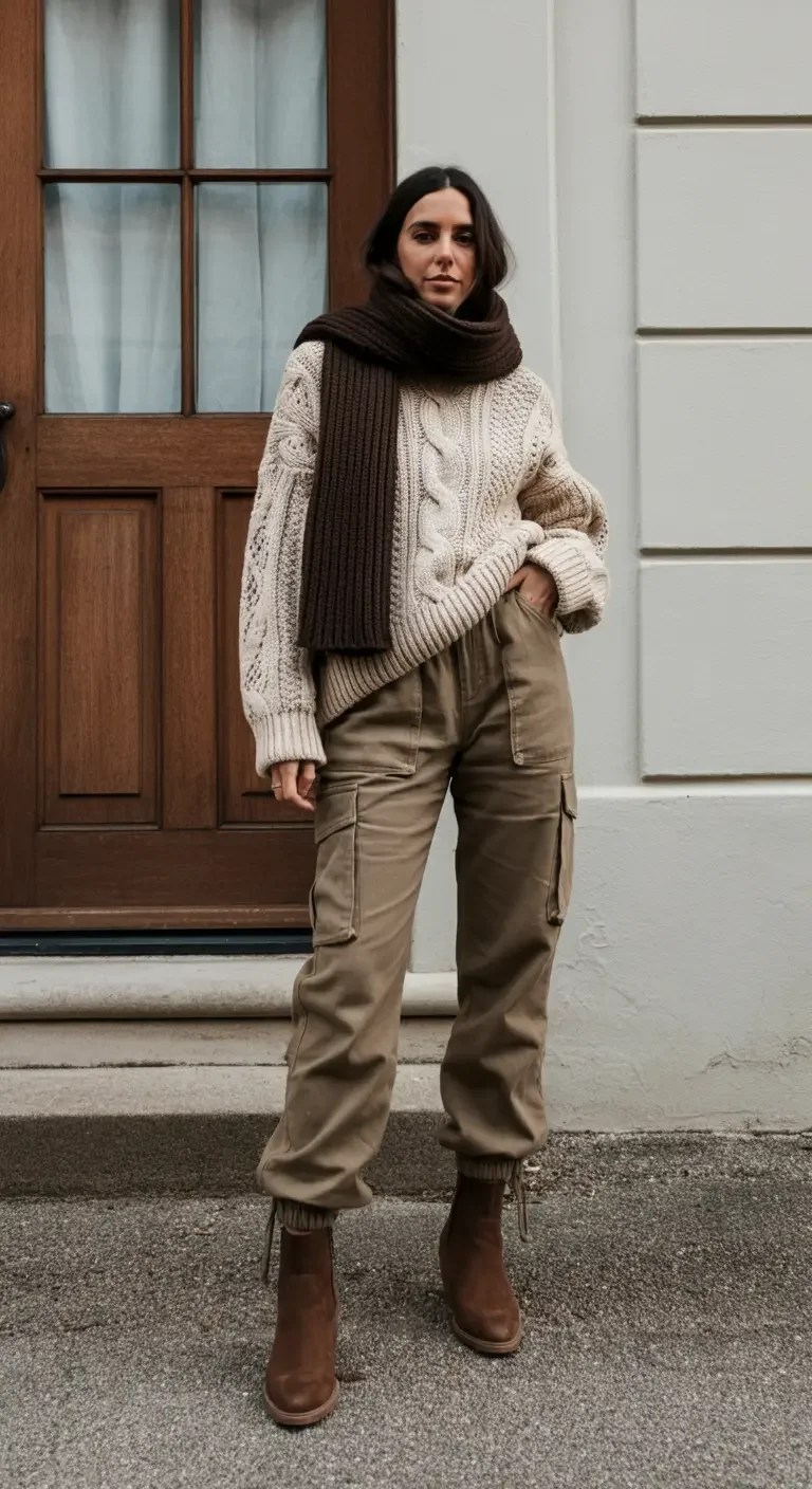 Woman wearing cargo pants with a fitted winter top