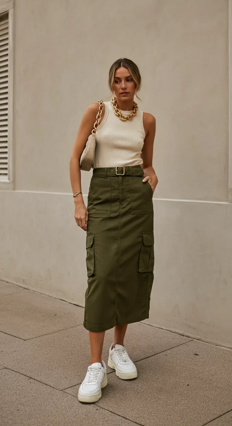 Woman in an olive green cargo midi skirt with patch pockets, cream sleeveless knit top, belt and white sneakers