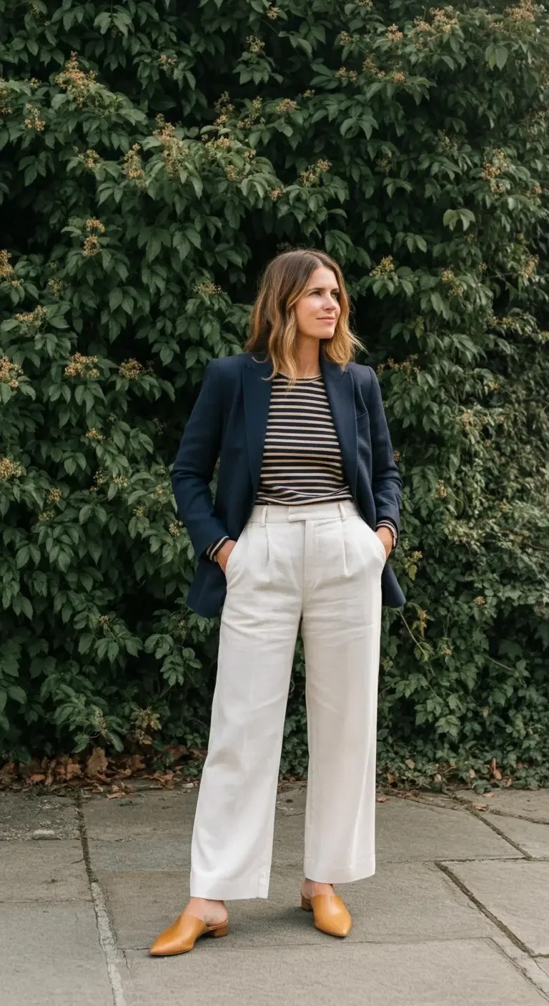 Crisp Color: A Navy Blazer with Tan Trousers and a Striped Shirt