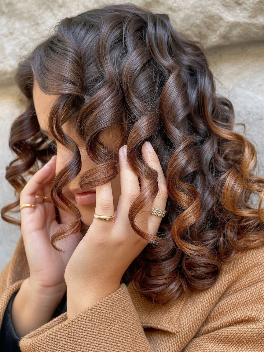 Toffee ribbon balayage on curly hair