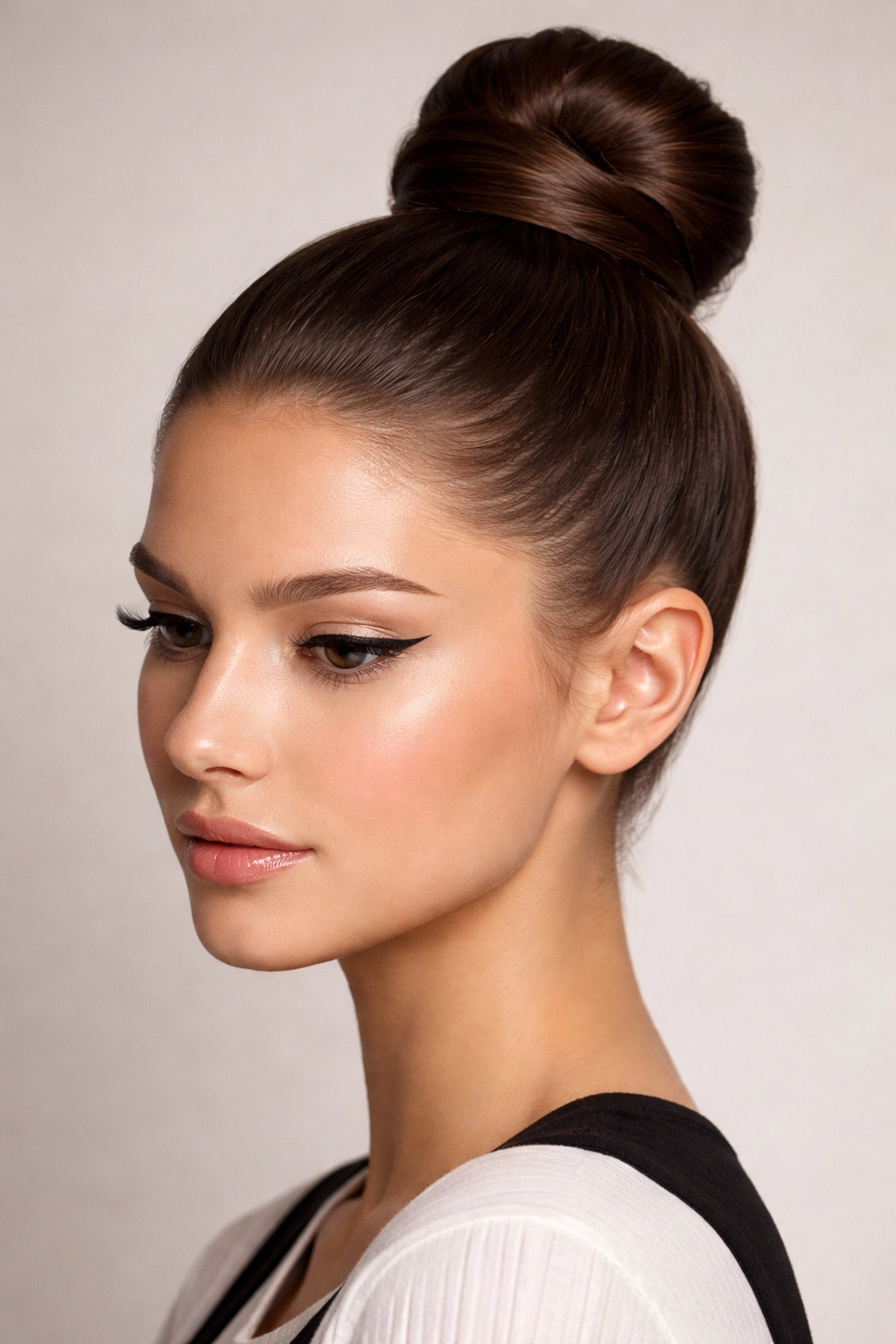 Side profile of a woman with a sleek high polished top knot bun