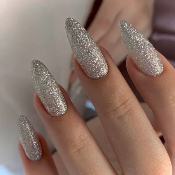 Almond nails in silver holographic sugar glitter