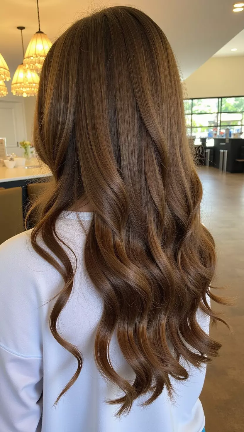 Long wavy hair in warm caramel ash brown