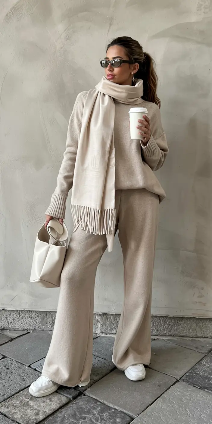 Woman wearing a cream knit sweater and matching knit pants with a fringe scarf and white sneakers
