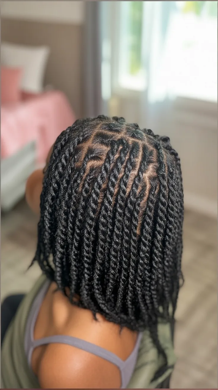 Two-strand twists cut to a bob length with a blunt bottom edge, back view