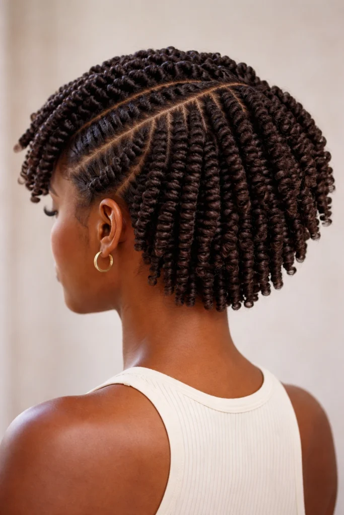 Back view of a twist-out bob with defined coils