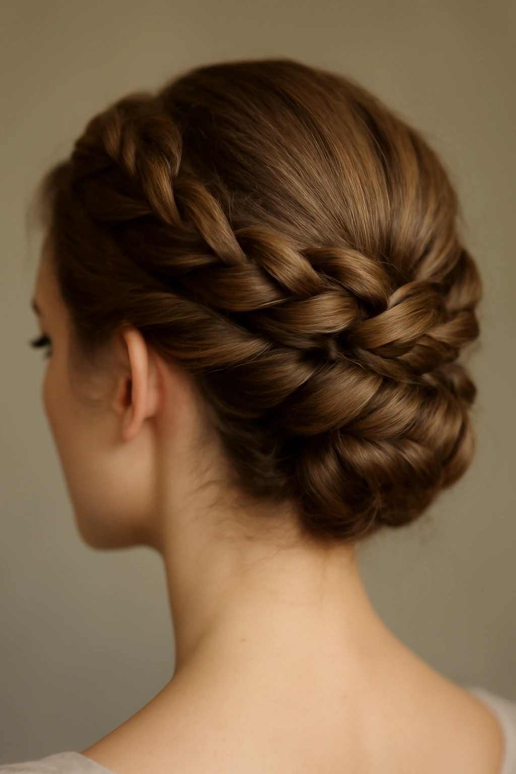 Back view of a twisted crown braid leading into a low bun