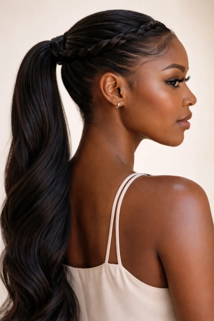 A rope-twist braid along the crown feeding a sleek long ponytail