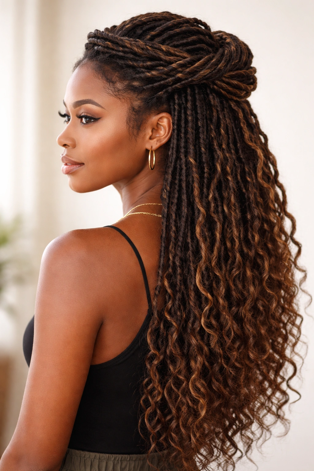 Chestnut goddess locs with caramel-highlighted curly ends in a half-up style