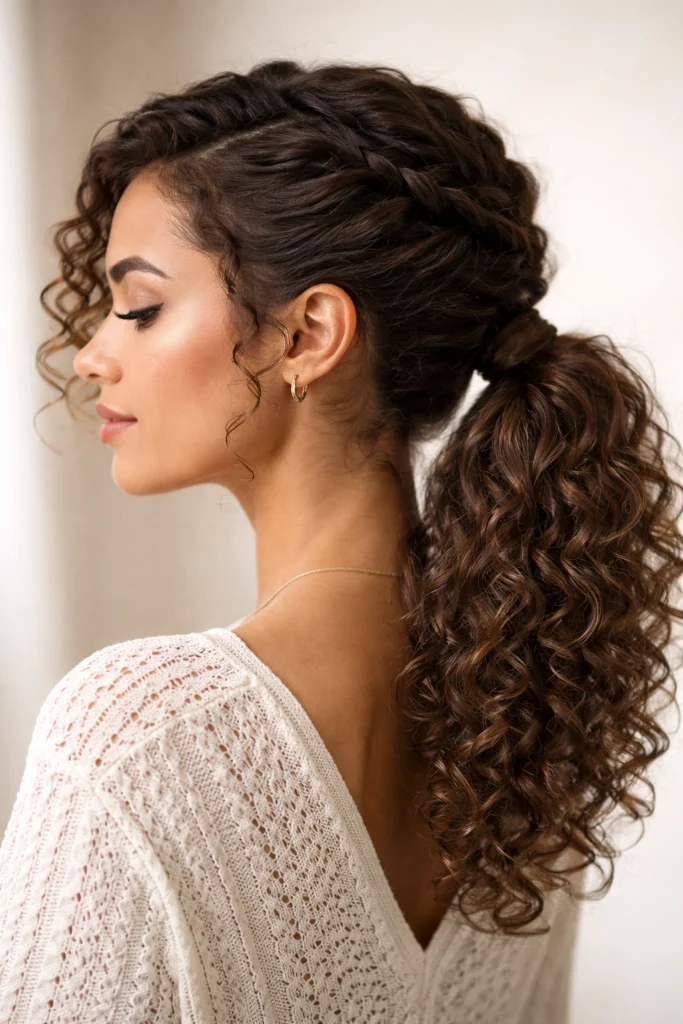 A twisted crown detail with a bouncy spiral-curl ponytail
