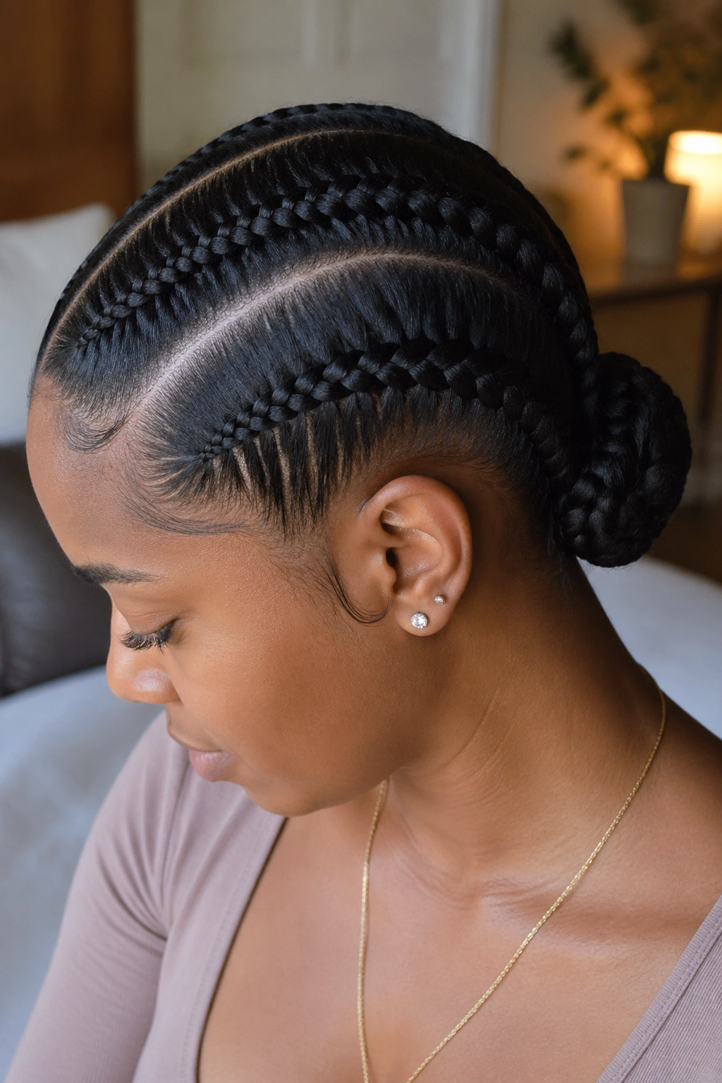 Two stitch cornrows flowing into a low bun with laid edges
