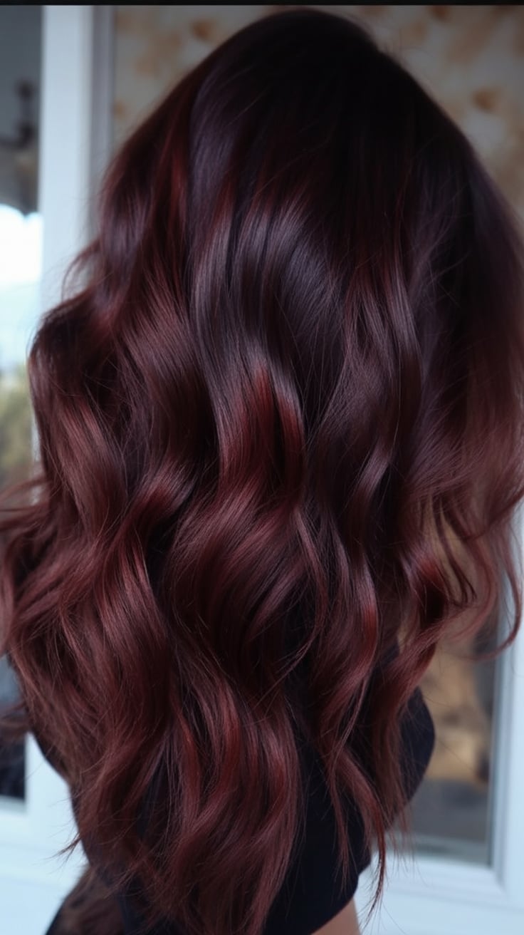 Deep brown hair with cherry tinted gloss shine