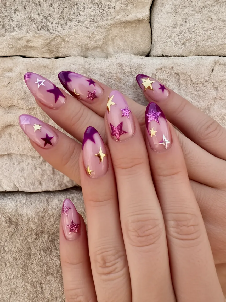 Sheer nude almond nails with purple, gold and silver star decals