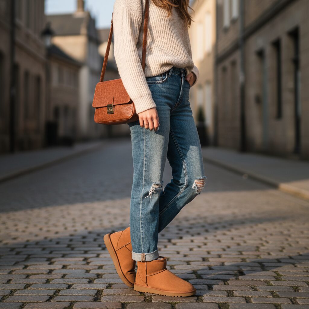 Street-style crop of a cream ribbed sweater, ripped jeans and tan mini boots