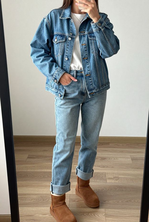 Woman in a denim jacket and light-wash jeans wearing chestnut mini ugg boots