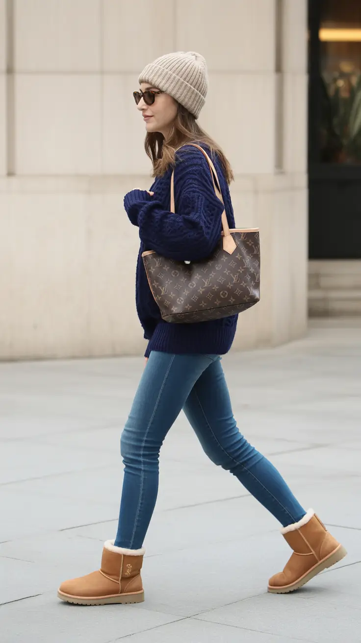 Woman in a navy cable-knit sweater and skinny jeans wearing chestnut mini ugg boots with a beige beanie