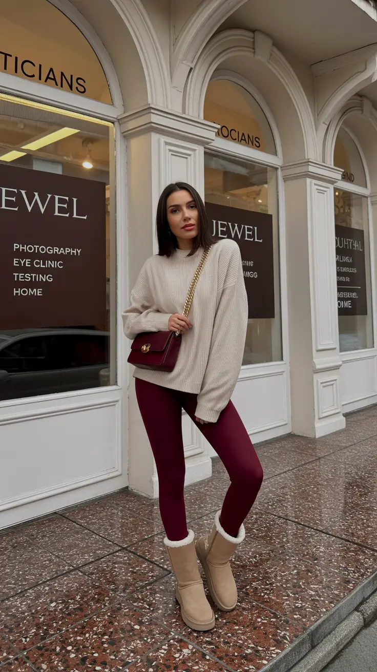 Woman wearing burgundy leggings with a cream knit sweater and cozy boots