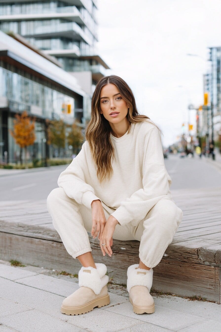 Woman wearing classic chestnut Ugg mini boots with a matching beige knit cardigan and knit pants
