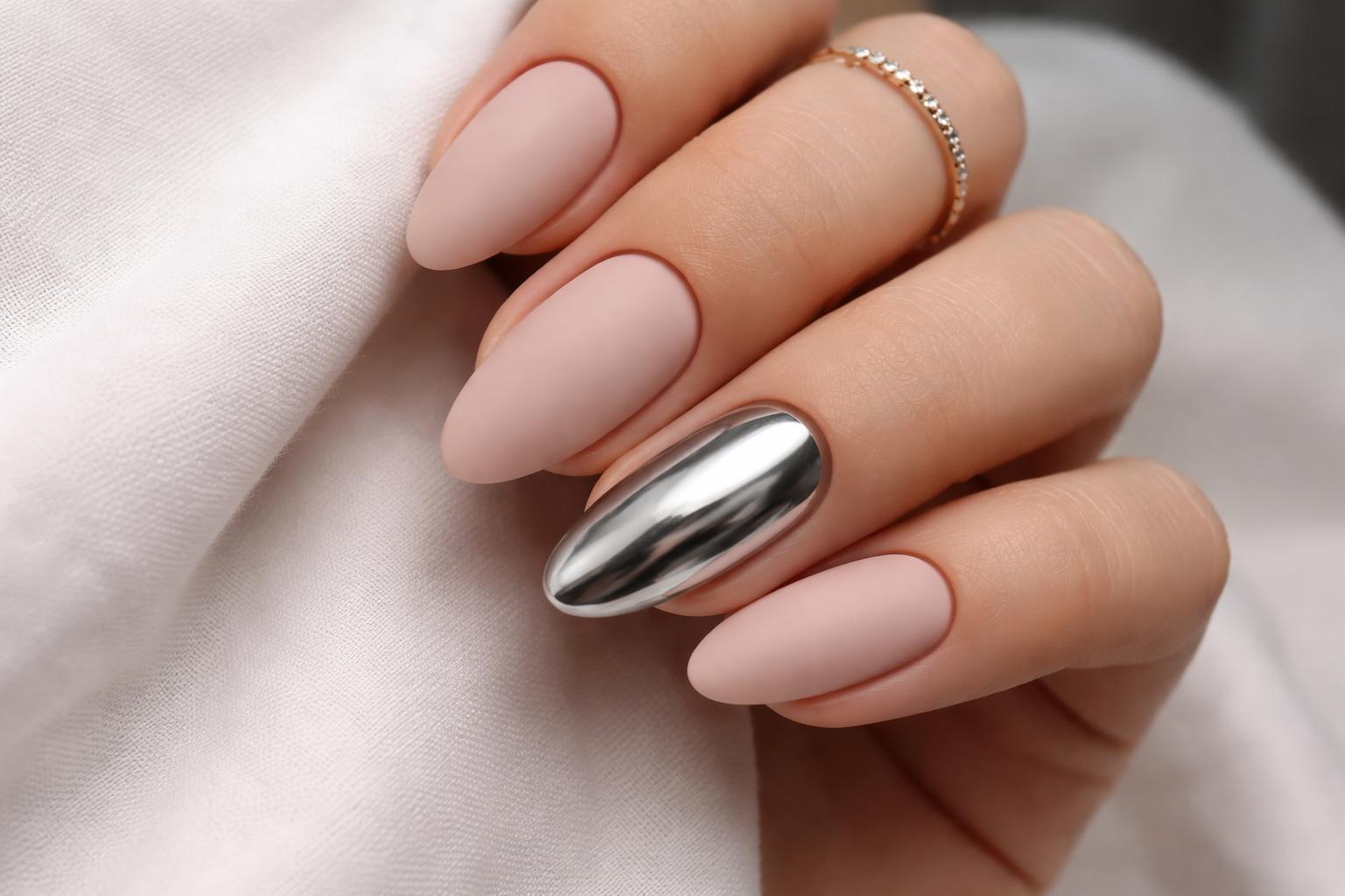 Minimalist negative space nail design with thin chrome outline