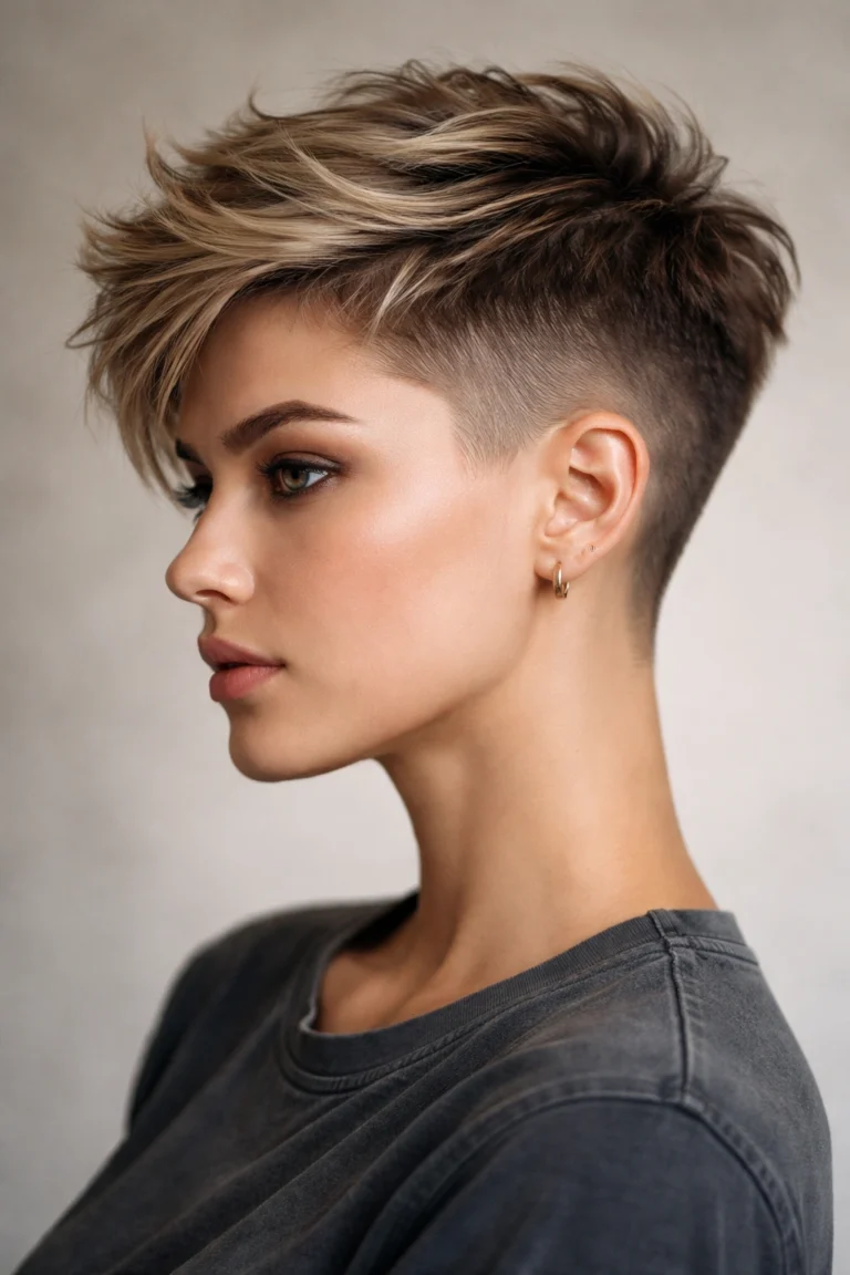Undercut pixie with shaved faded sides and longer textured top